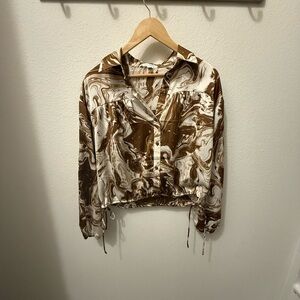 Brown and White Women's Silky Blouse